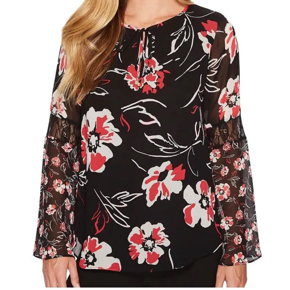 Calvin Klein Floral Black and Red Women's Top Size L